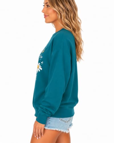 Women’s Christian Sweatshirts,Faith Hope Love Daisy Print Crewneck Long Sleeve Casual Loose Fit Sweatshirt - color: Bluegreen, size: Small