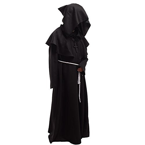 BLESSUME Friar Hooded Robe Monk Renaissance Priest Halloween Medieval Role Play Costume - color: Black Cowl Hat+robe+ Waist Rope+necklace, size: Small