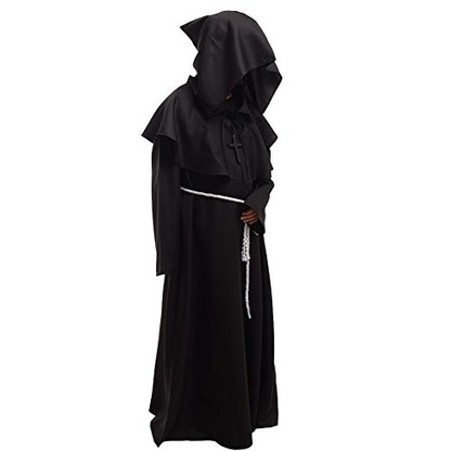 BLESSUME Friar Hooded Robe Monk Renaissance Priest Halloween Medieval Role Play Costume - color: Black Cowl Hat+robe+ Waist Rope+necklace, size: Medium