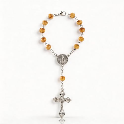 Steering Wheel Rosary Charm Accessory, Virgin Mary Cross Pendant, Steering Wheel Chain, Rearview Mirror Hanging Ornament, Car Rosary for Automotive Protection Charm Decor (Brown) - color: Brown
