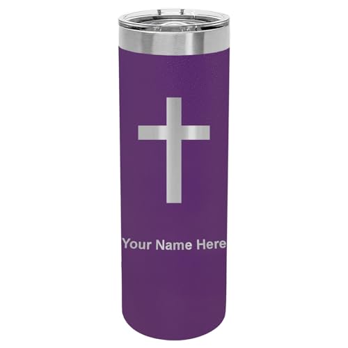 LaserGram Personalized 22oz Skinny Tumbler, Christian Cross (Dark Purple) - color: Dark Purple