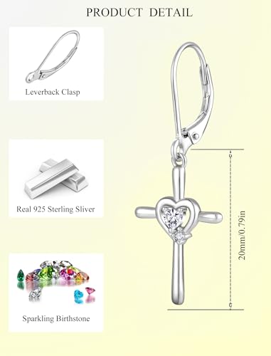 Cross Earrings 925 Sterling Silver Opal Crucifix Dangle Drop Earring Heart Birthstone Religious Jewelry for Women - color: 04-diamond-Apr