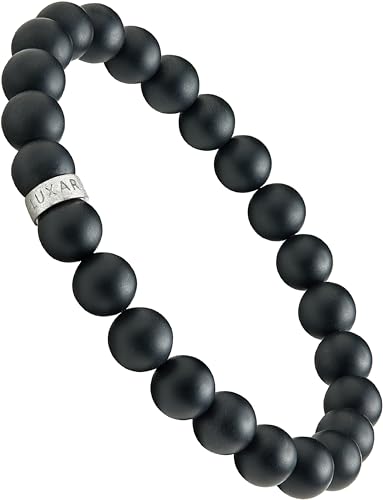 LUXAR Men’s Bracelet - Genuine Black Leather Bracelet with Stainless Steel Clasp or 8mm Matte Black Onyx Stone Bead Bracelet - Minimalist Designer Jewelry for Men - color: 925 Silver, size: Medium