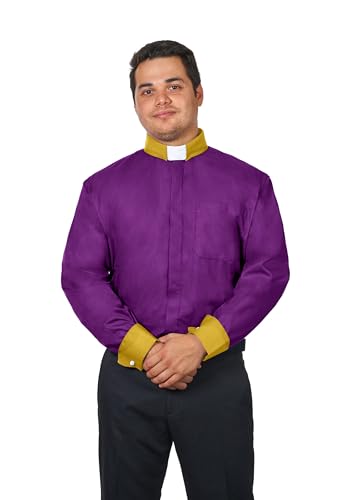 Clergy Shirts for Men - Full Sleeves - Included Tab Collar - color: Purple With Gold Contrast, size: 17"-17.5" Neck 34"-35" Sleeve