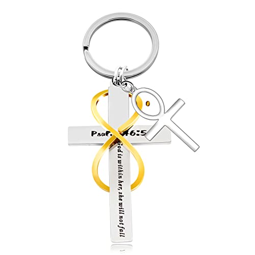 Uloveido Stainless Cross Infinity Keychain Mustard Seed Charms Psalm 46:5 Christian Bible Quote Keyring Baptism Gift - style: Oval Cross