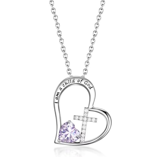 Birthstone Cross Necklace for Girls, Child of God Cross Gifts Jewelry - color: 06. June, style: 01. Silver