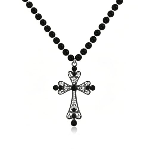 Pearl Cross Necklace Big Cross Pendants Necklaces for Women Chunky Pearl Necklace Gothic Cross Necklace Punk Vintage Cross Jewelry Women - style: Black