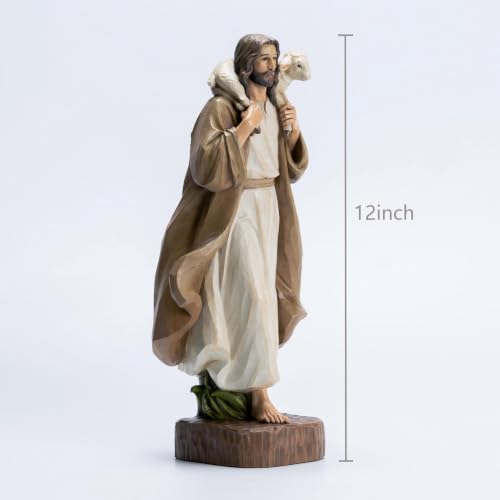 Good Shepherd Jesus Statue with Lamb, 12 Inch Religious Decor - color: Brown