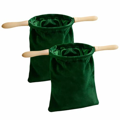 2 Pack Church Offering Bags with Wooden Handles, Deep Green Velvet Tithe Collection Bags with Neat Open Shape, Lined Interior, for Worship Service, Church Giving, Tithes and Donation Collection