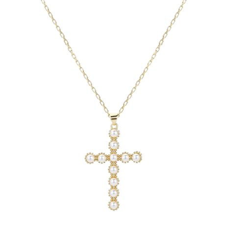 Gold Cross Necklace for Women, 14K Gold Plated - style: Pearl Cross