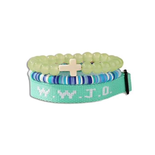 WWJD Bracelets Set WWJD Wristbands Christian Cross Bracelet Stackable Clay Bead Bracelets Stretch Glass Beaded Inspirational Christian Jewelry Gift for Couples Women Men - color: 3PCS Green