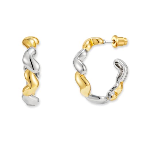 Two Tone Gold Silver Hoop Earrings Mixed Metal Open C Hoop Earrings - color: Heart