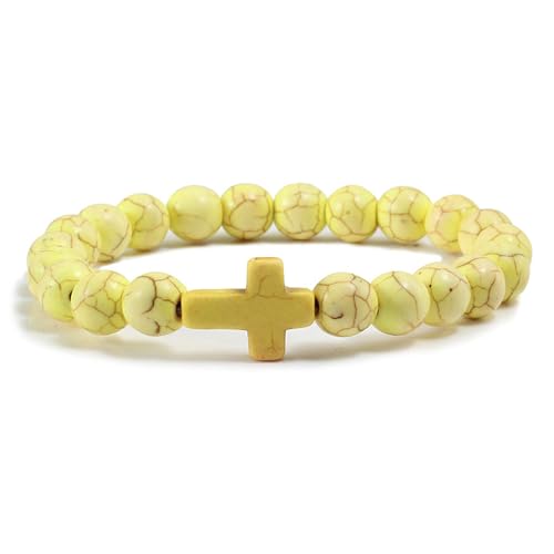 FORUBUS Lava Rock Stone Beaded Bracelet, Cross Charm Natural Volcanic Stone beads Turquoise Stretch Bracelet for Women Men Religion Jewelry Pray Baptism Gift - color: B 1pcs yellow