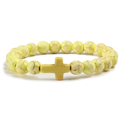 FORUBUS Lava Rock Stone Beaded Bracelet, Cross Charm Natural Volcanic Stone beads Turquoise Stretch Bracelet for Women Men Religion Jewelry Pray Baptism Gift - color: B 1pcs yellow