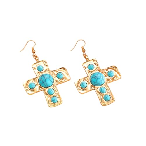Chunky Gold Silver Cross Drop Dangle Earrings for Women Statement Western - color: Gold-Turquoise