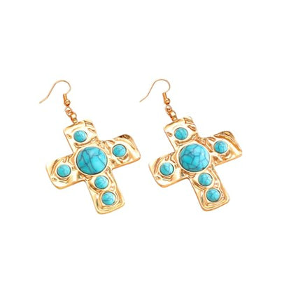 Chunky Gold Silver Cross Drop Dangle Earrings for Women Statement Western - color: Gold-Turquoise
