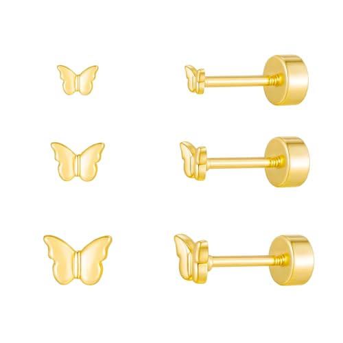 LLWOM 3 Pairs Tiny Flat Back Earrings, Hypoallergenic 14K Real Gold Plated Helix Cartilage Earrings Post Studs Jewelry for Women Gift - color: Gold-Butterfly
