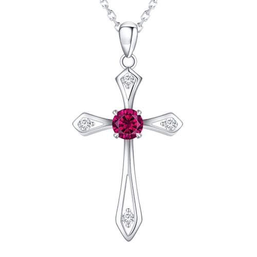 Cross Necklace for Women,925 Sterling Silver Faith Jewerly Gift - color: 07-July-Ruby