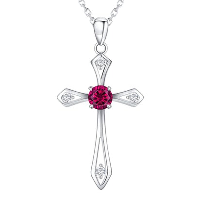 Cross Necklace for Women,925 Sterling Silver Faith Jewerly Gift - color: 07-July-Ruby