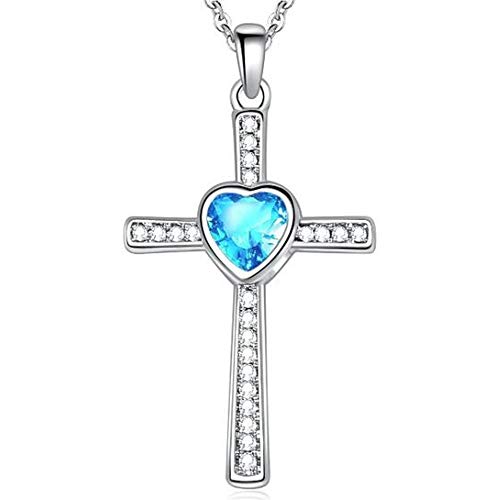 JUDE Stainless Steel Heart Birthstone Cross Statement Wedding Cocktail Party Pendant Necklace - color: Mar-Aquamarine