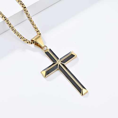Cross Necklace for Men,Stainless Steel Christian Pendant Jewelry - color: A-Gold-60cm chain