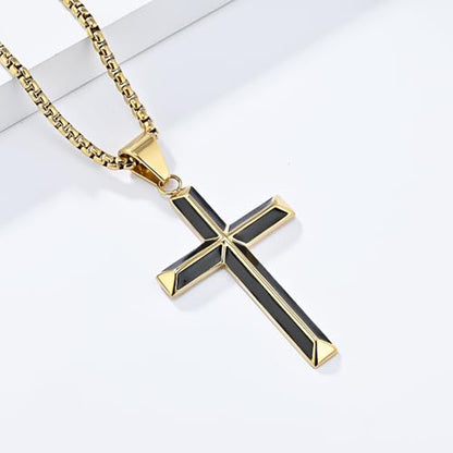 Cross Necklace for Men,Stainless Steel Christian Pendant Jewelry - color: A-Gold-60cm chain