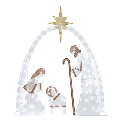 Yardenaler 5FT Lighted Nativity Scene Set with 170 LED Lights for Christmas Decoration, Pre-Lit Iridescent Nativity Scene Xmas Decor, 3D Glittered Standing Holiday Display for Outdoor, Indoor, White - color: White