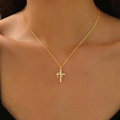 925 Sterling Silver Cross With Crown Necklace for Women 16+2 Inch - color: Gold + Pearl