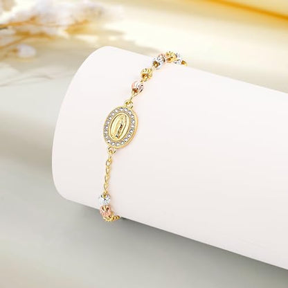 Rosary Cross Bracelet for Women, Virgin Mary Gold Silver Rose Gold 4mm Rosary Beads Catholic Bracelet - color: Gold-Silver-Rose Gold