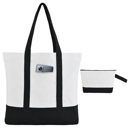 2-Pack Canvas Tote Bags and Makeup Bags, Cotton Zipper Bag, Black - color: Black/White