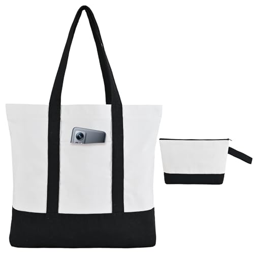 2-Pack Canvas Tote Bags and Makeup Bags, Cotton Zipper Bag, Black - color: Black/White