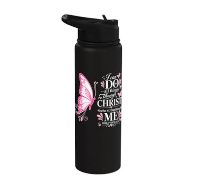 Philippians 4:13 Butterfly Inspirational Design Stainless Steel Insulated Water Bottle - color: Black