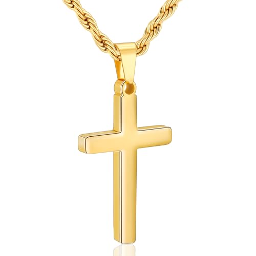 Cross Necklace for Boys Mens Stainless Steel Twisted Rope Chain Cross Pendant Rustproof Necklace for Teen Boy Mens Christian First Communion Confirmation Gifts for Boys - color: Gold