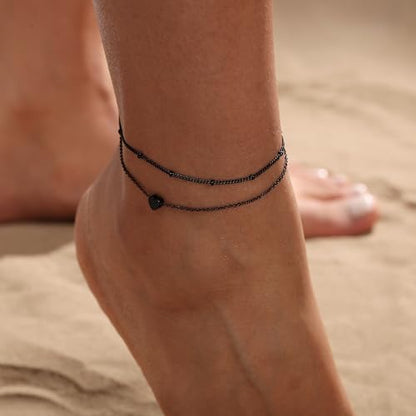 Ankle Bracelets for Women Waterproof Non Tarnish Anklet - style: 2 Layered Bead&Heart-BLK