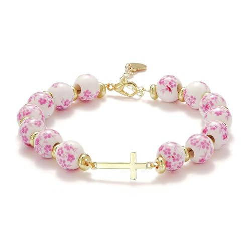 Stretchy Virgin Mary Bracelet with Cross Charm - Multi-Color Pearl Crystal Beaded Catholic Religious Jewelry for Women, Christian Gift for Baptism Confirmation First Communion - color: Pink E