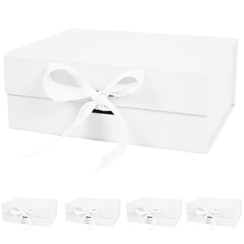 Aimyoo 5 Pack White Gift Box with Ribbon, 8.6x6.7x3.4 inch Groomsman Proposal Box for Presents with Magnetic Closure Lids, Rectangle Collapsible Luxury Box for Wedding, Christmas, Halloween, Birthday - color: White 8.6x6.7x3.4 inch-5 Pack