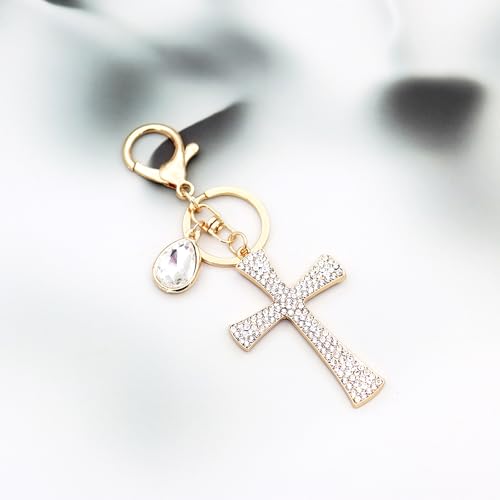 TTYY Stylish Rhinestone Cross Keychain - Sparkling Christian Car Key Ring for Women Men,Religious Gift for Purse Backpack Bag - color: Gold-3