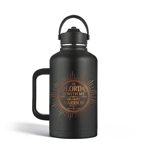 Christian Art Gifts for Men Women 64 oz Water Bottle Insulated with Straw and Handle Jesus Gift Mug Double Wall Vacuum Travel Tumbler Coffee Mug Religious Gifts - The Lord Is With Me - Jeremiah 20:11 - color: Christian-2