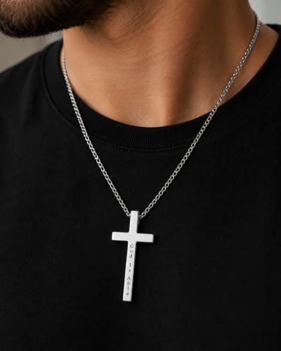 Engraved Cross Necklace for Men, Women & Boys & Girls Cross Necklace, Stainless Steel Cross Pendant Necklace, Faith & Inspiration Christian Jewelry Gift - color: God Is Able