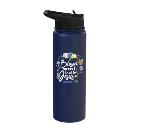 Christian Bible Verse Quote Butterfly Rose Flower John 3:16 Stainless Steel Insulated Water Bottle - color: Navy Blue