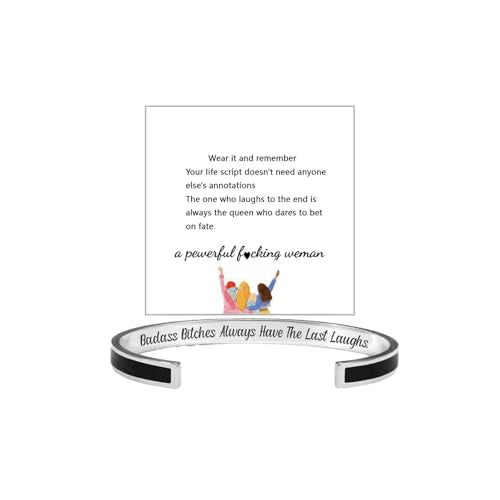Badass Bitches Always Have The Last Laughs Motivational Color Bangle, Stainless Steel Inspirational Cuff Bracelets with Hidden Message Engraved Bracelet Jewelry Gift for Women Sisters Friends - color: Badass Black+Silver