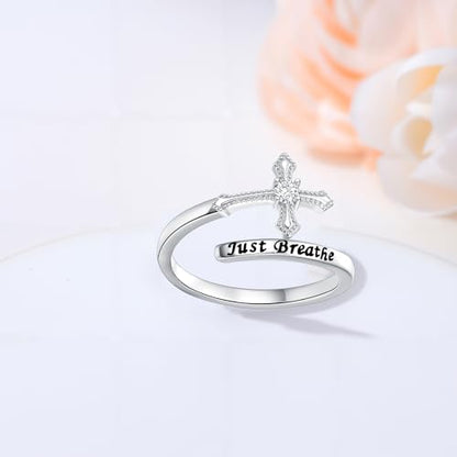 ROMANTICWORK Just Breathe Ring 925 Sterling Silver Cross/Lotus/Dandelion Adjustable Opening Ring Inspirational Jewelry for Women Birthday Christmas Gifts - style: Cross