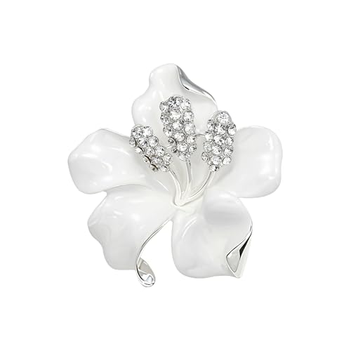 Elegant Enamel Orchid Brooch Crystal Rhinestone Floral Lapel Pin Gold Silver Tone Statement Accessory for Wedding Party Banquet Dress Scarf Suit - color: White