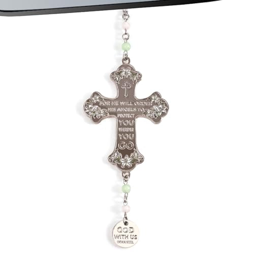 Cross Car Mirror Hanging Christian Gifts for Men Women, Metal Daily Bible Verse Car Rearview Decor Accessories, Christ Ornament Religious Gift for Truck Driver