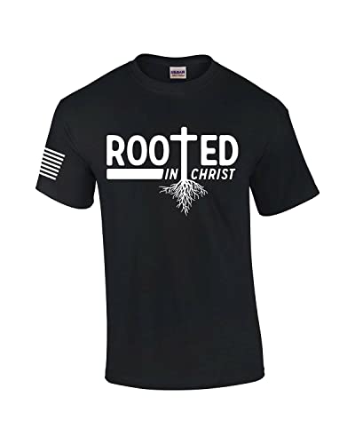 Rooted in Christ Tree Roots Mens Christian Short Sleeve T-Shirt Graphic Tee - color: Black, size: Small