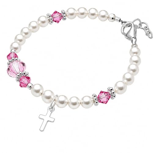 Baptism Bracelets | Cross Charm | Baby Pink Crystal & White Pearl Bracelet - style: 2-6 Years - 5.25" Adjustable