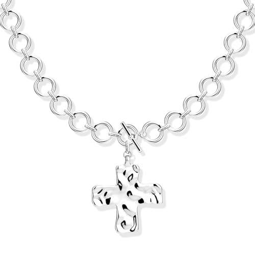 Poxtex Cross Necklace for Women Teen Girls, Dainty 14K Gold Silver Plated Cross Choker Jewelry Non Tarnish Waterproof Cute Simple Small Necklace Christian Baptism Religious Faith Jewelry Gifts - color: 09 chunky silver cross necklace