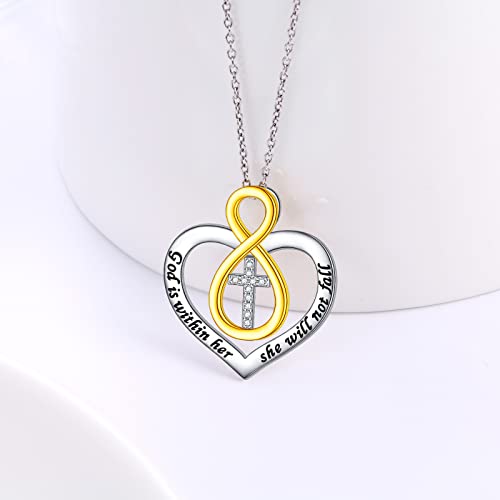 S925 Sterling Silver Christian Cross Heart Faith Bible Verse Necklace Rings - style: God is within her she will not fall -Infinity