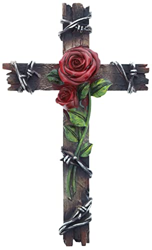 Top Brass Red Rose and Barbwire Wall Cross, Rustic Wood Look - Spiritual Jesus Art ecor