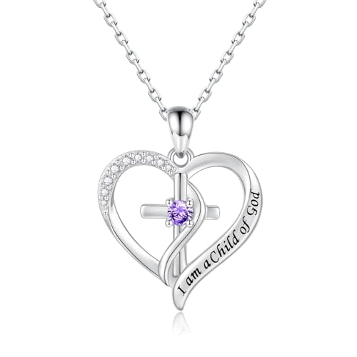 925 Sterling Silver I Am a Child of God Scripture Pendant with Birthstone Heart Cross Communion Necklace for Women Christian Faith Jewelry Gift - color: February